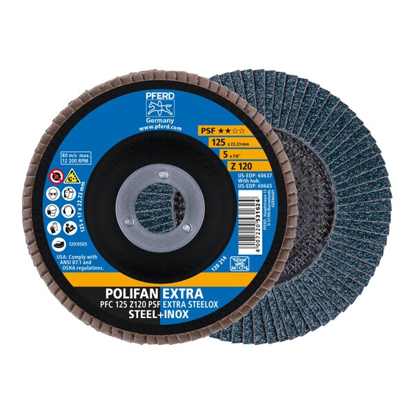 Pferd 5" x 7/8" A.H. POLIFAN Flap Disc - Z PSF EXTRA STEELOX, Zirconia, 120 Grit, Conical 60637 - main